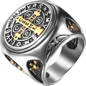 Aroncent Saint Benedict Medal Ring: Religious Catholic Cross Protection Stainless Steel Signet Ring for Men - Gold and Silver Two-Tone Design Size 12