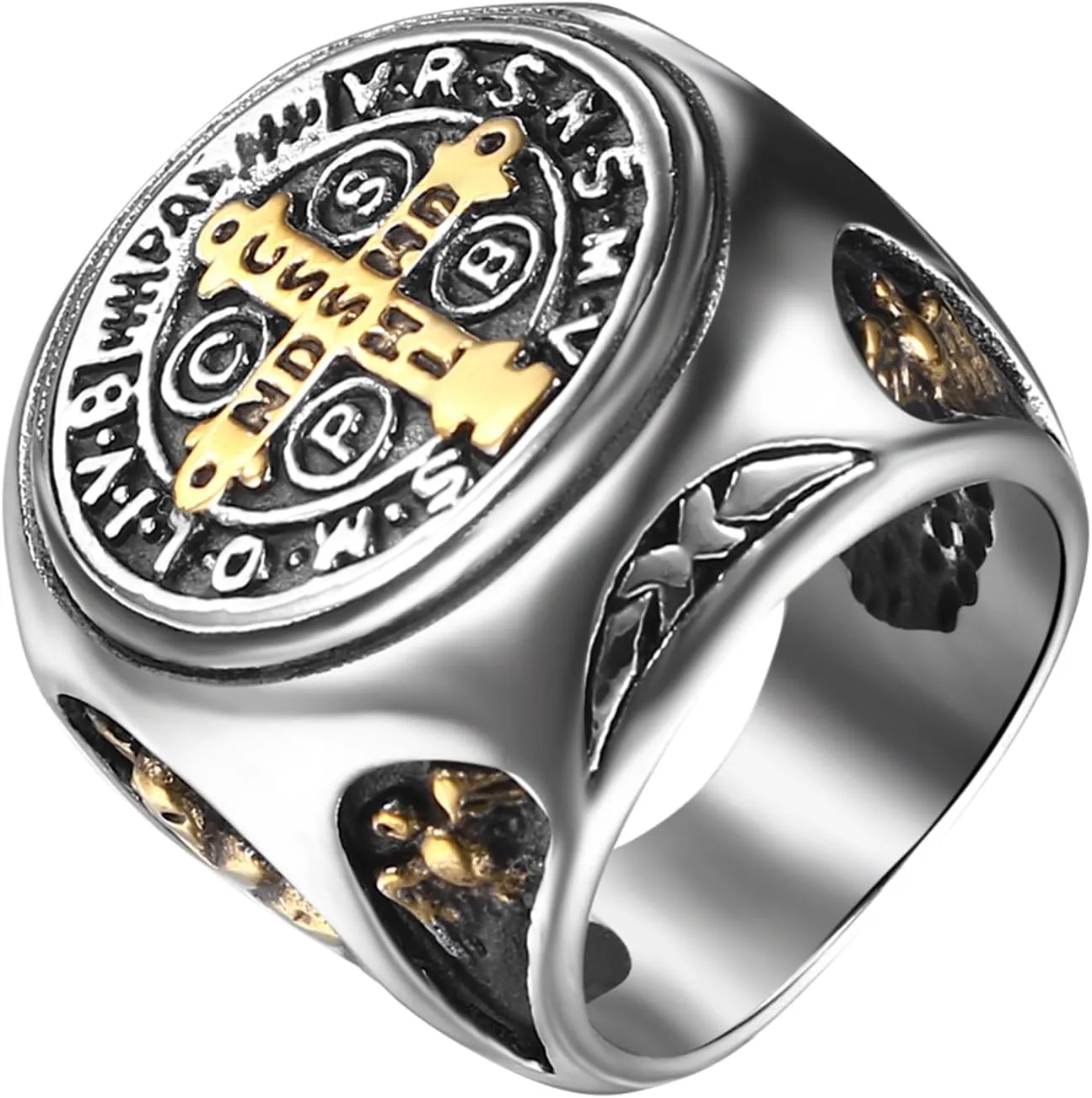 Aroncent Saint Benedict Medal Ring: Religious Catholic Cross Protection Stainless Steel Signet Ring for Men - Gold and Silver Two-Tone Design Size 12