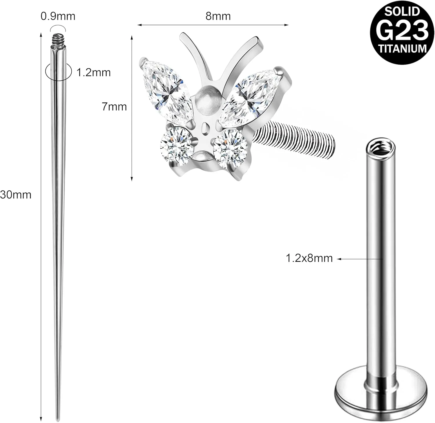 ASTM F136 Titanium 16G 8mm Piercing Jewelry helix earrings for Conch Tragus Helix Lip Labret Earlobe Hypoallergenic Internally Threaded Flat Back Cartilage Stud Earring Taper Insertion Pin