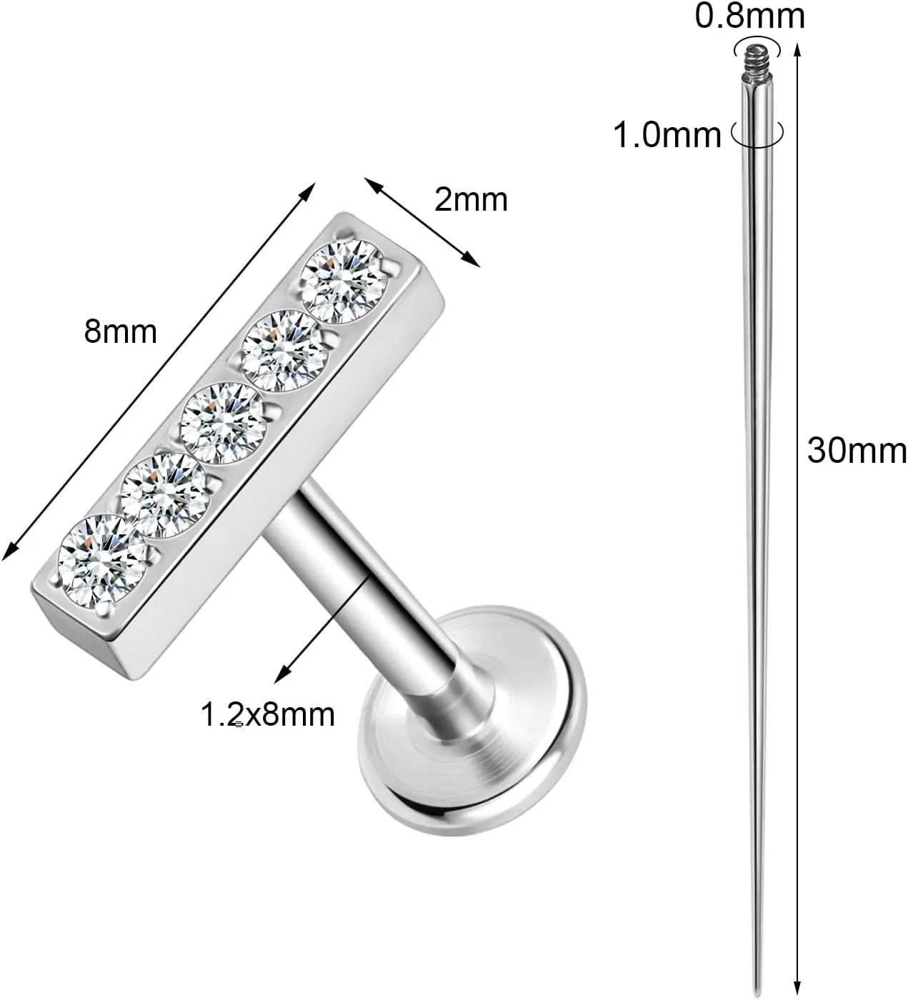 ASTM F136 Titanium 16G 8mm Piercing Jewelry helix earrings for Conch Tragus Helix Lip Labret Earlobe Hypoallergenic Internally Threaded Flat Back Cartilage Stud Earring Taper Insertion Pin