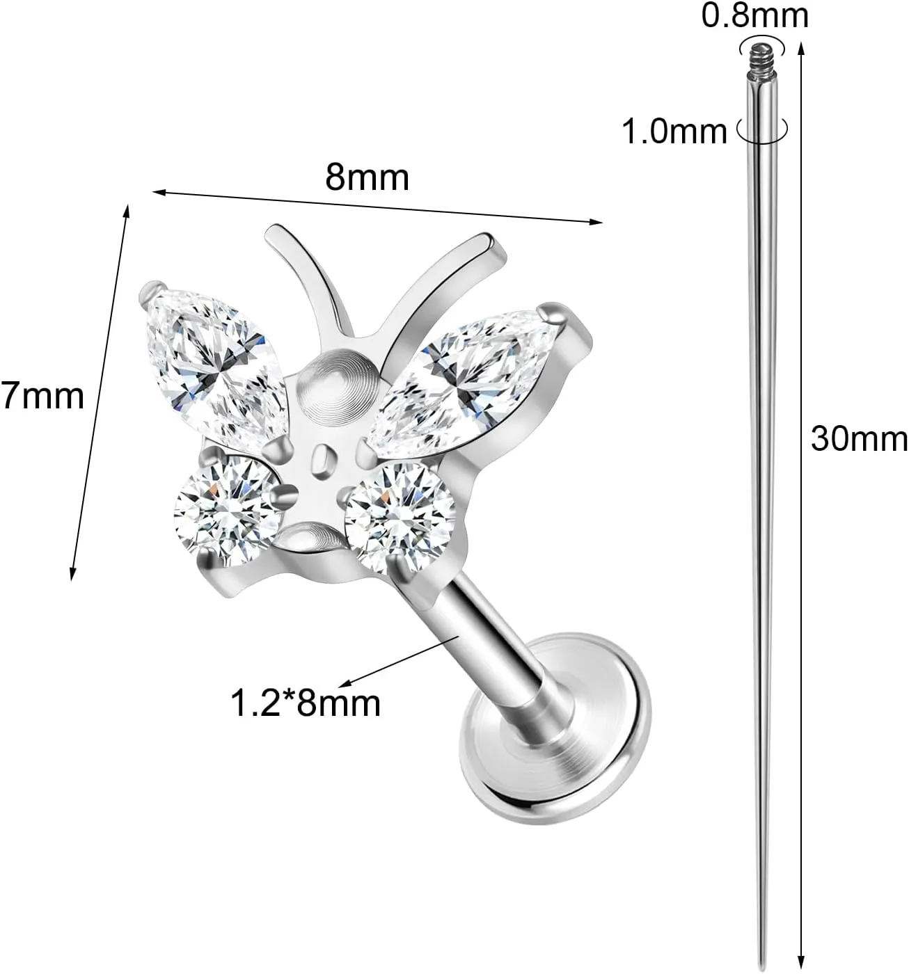 ASTM F136 Titanium 16G 8mm Piercing Jewelry helix earrings for Conch Tragus Helix Lip Labret Earlobe Hypoallergenic Internally Threaded Flat Back Cartilage Stud Earring Taper Insertion Pin