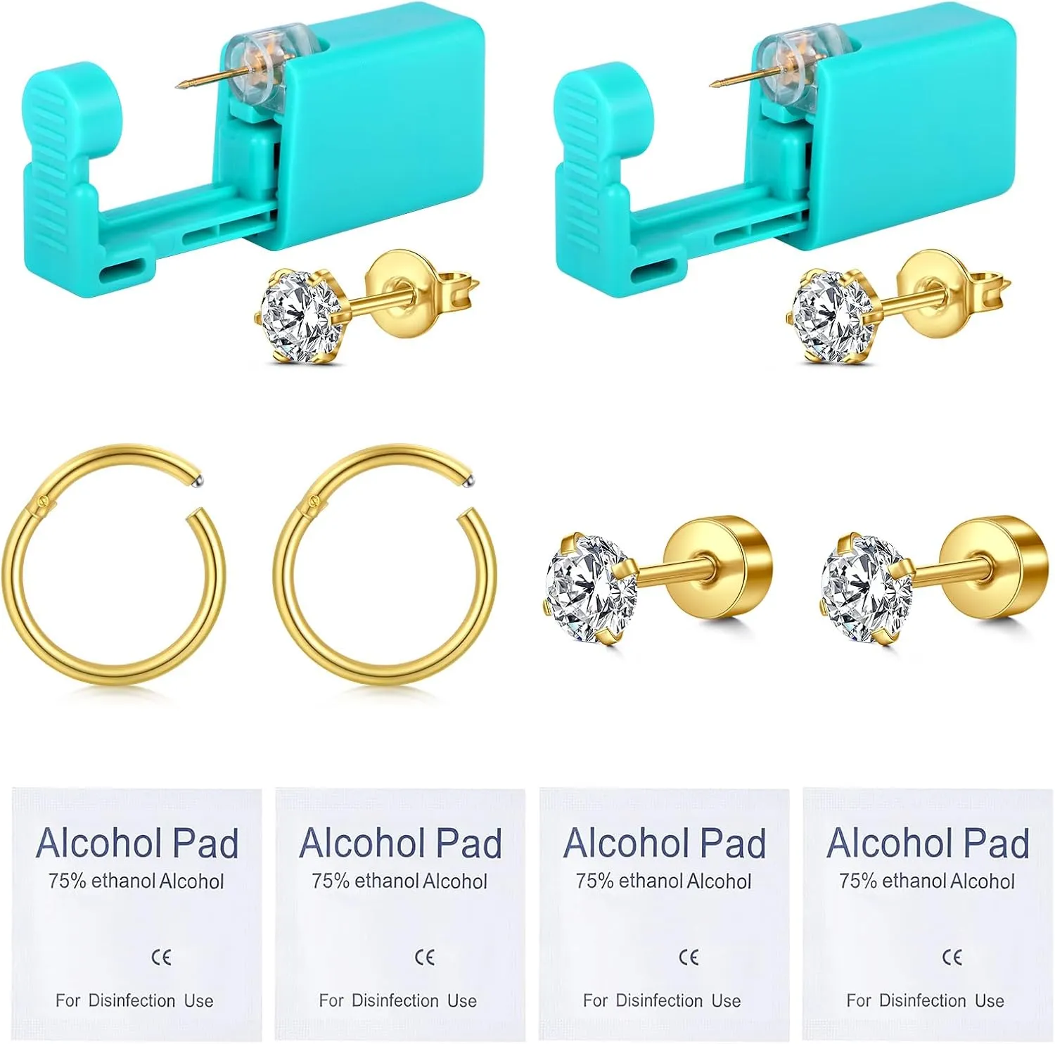 AVYRING Ear Piercing Gun Kit - 2 Pcs Gold Silver Self Ear Piercing Kit with Earring Stud Hypoallergenic Steel Tools at Home 20g Flat Back Earrings Hoop Cartilage Earring