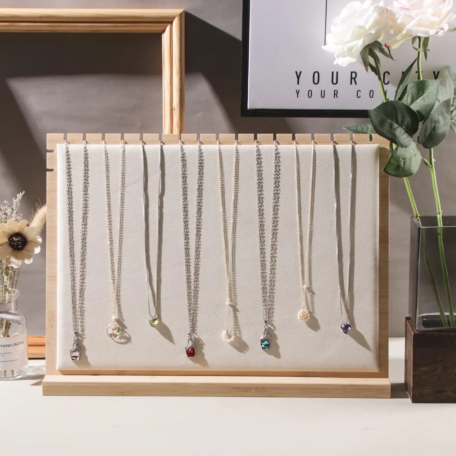 Bamboo Big Necklace Display Stand, Pendant Necklace Wood Jewellery Holder, Chain Jewelry Rack Organizer, Tabletop Display Boards for Home or Shop Sell Show (Beige Velvet)