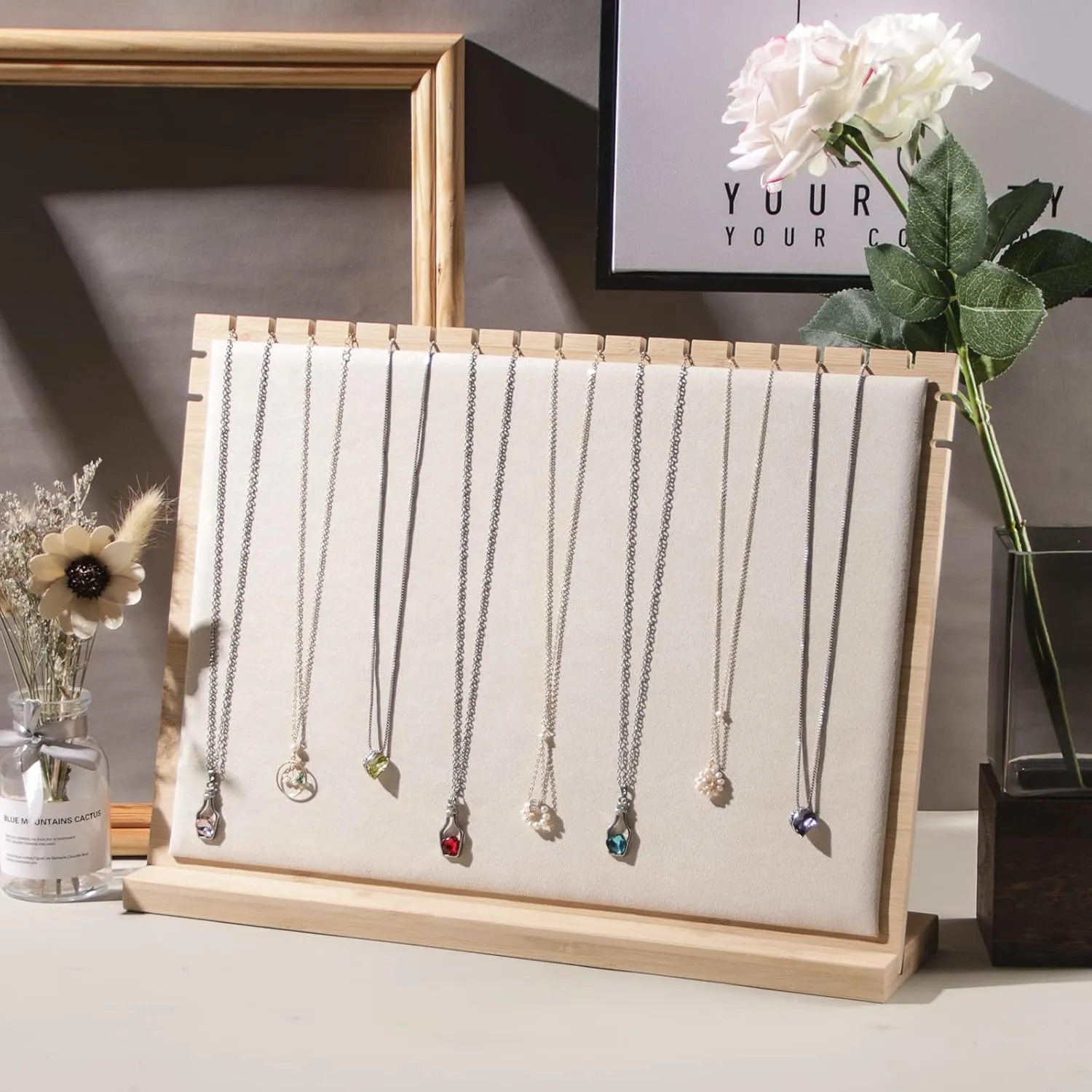Bamboo Big Necklace Display Stand, Pendant Necklace Wood Jewellery Holder, Chain Jewelry Rack Organizer, Tabletop Display Boards for Home or Shop Sell Show (Beige Velvet)