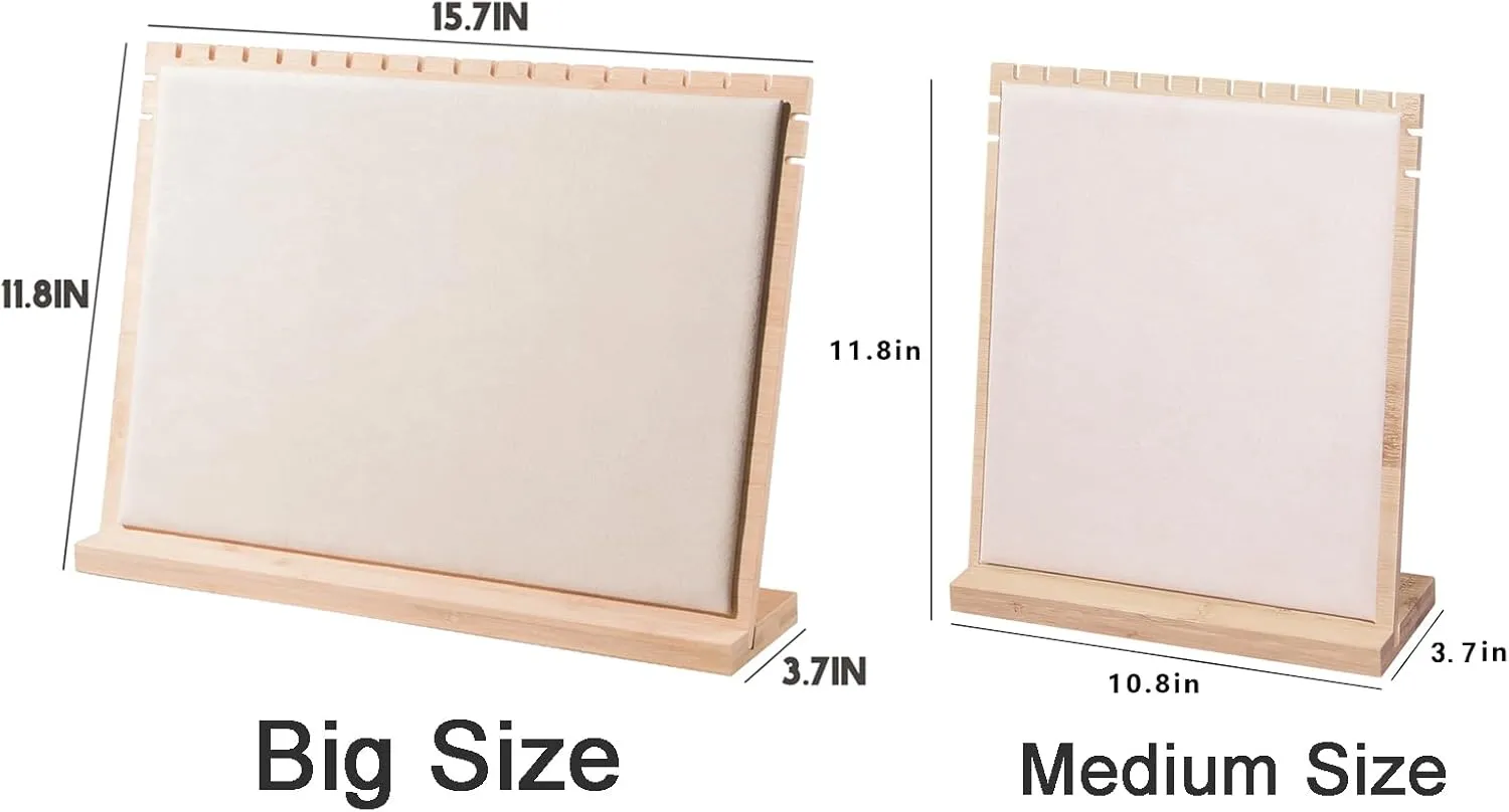 Bamboo Big Necklace Display Stand, Pendant Necklace Wood Jewellery Holder, Chain Jewelry Rack Organizer, Tabletop Display Boards for Home or Shop Sell Show (Beige Velvet)
