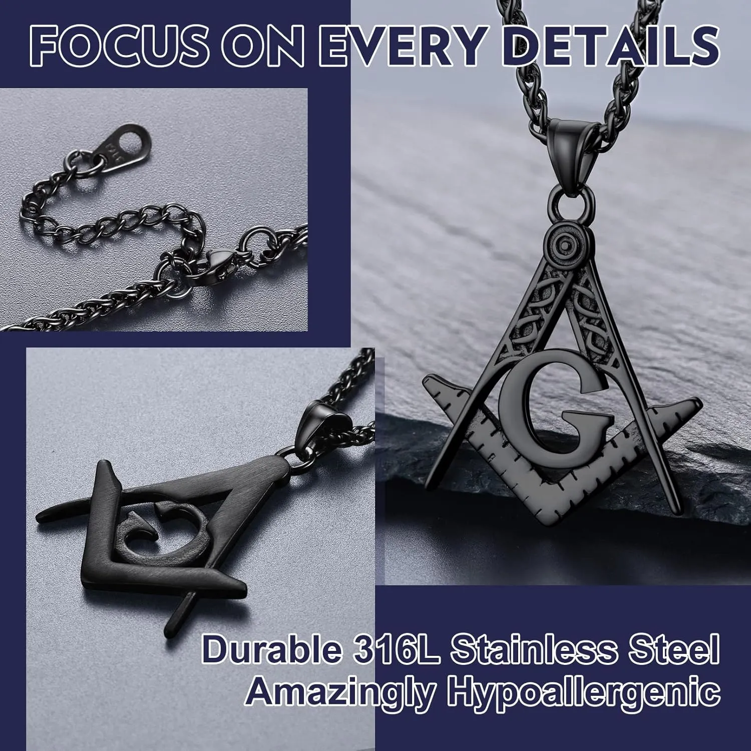 Bandmax Mens Pendant Necklace Stainless Steel Masonic Necklace for Men Freemason Pendants with 22" Spiga Chain Masonic Gifts for Father Husband