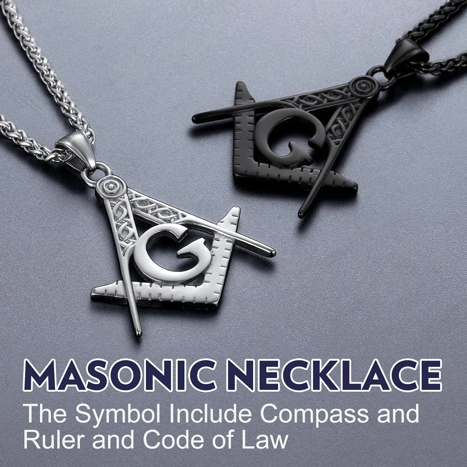 Bandmax Mens Pendant Necklace Stainless Steel Masonic Necklace for Men Freemason Pendants with 22" Spiga Chain Masonic Gifts for Father Husband