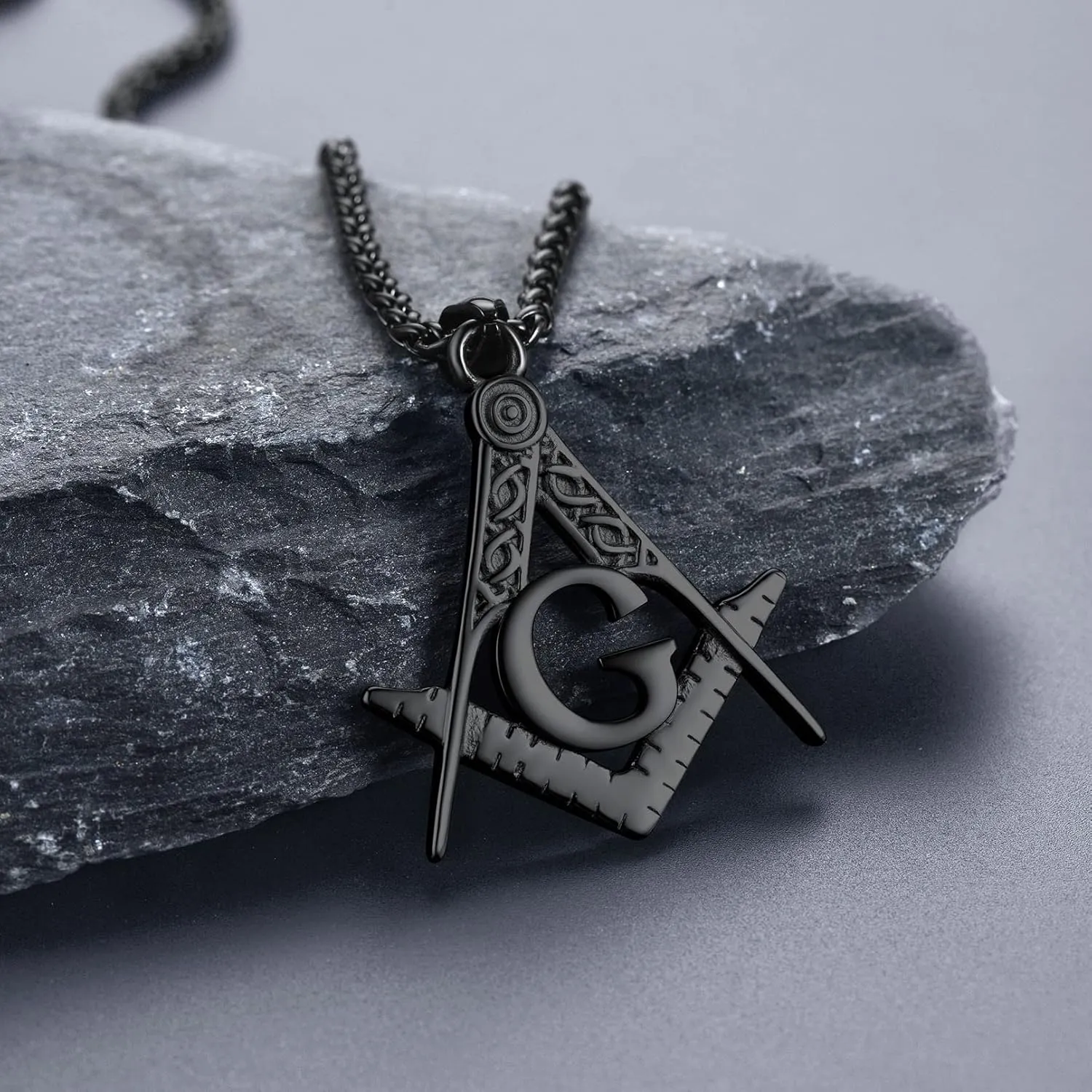 Bandmax Mens Pendant Necklace Stainless Steel Masonic Necklace for Men Freemason Pendants with 22" Spiga Chain Masonic Gifts for Father Husband