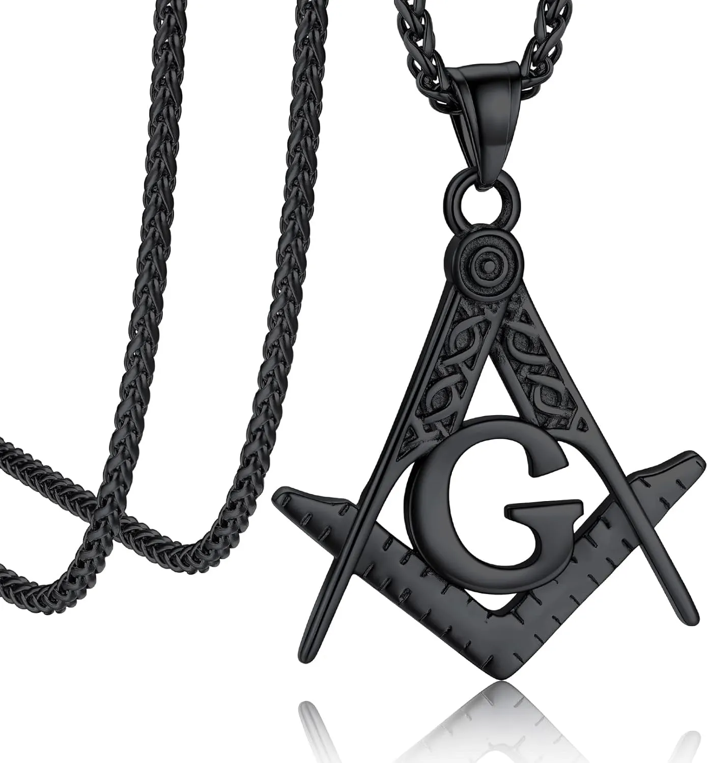 Bandmax Mens Pendant Necklace Stainless Steel Masonic Necklace for Men Freemason Pendants with 22" Spiga Chain Masonic Gifts for Father Husband