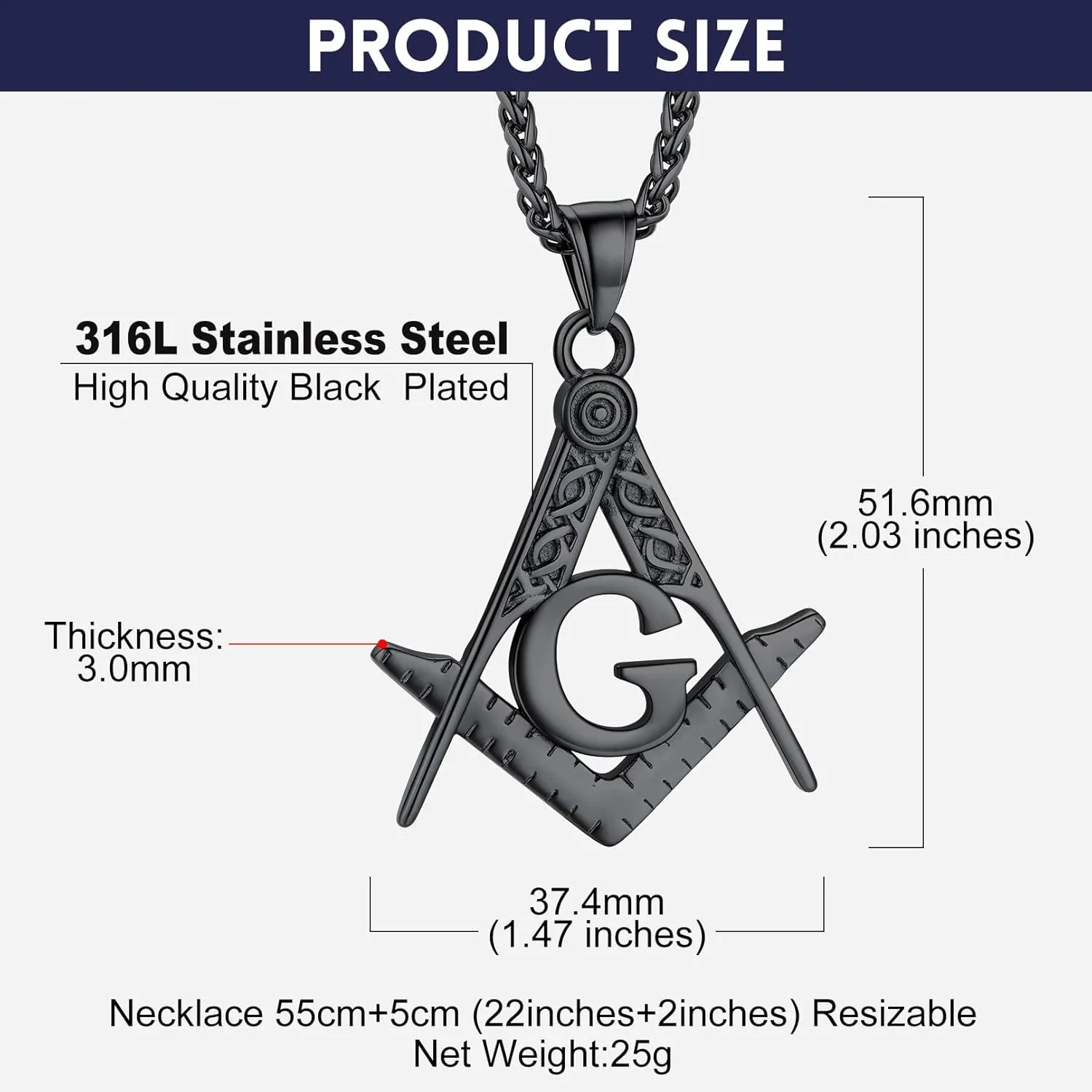 Bandmax Mens Pendant Necklace Stainless Steel Masonic Necklace for Men Freemason Pendants with 22" Spiga Chain Masonic Gifts for Father Husband