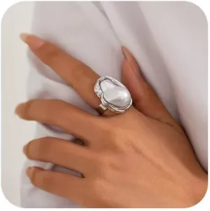 Baroque Irregular Pearl Open Ring - Geometric Adjustable Statement Ring, Ins Style Elegant Jewelry for WomenSilver