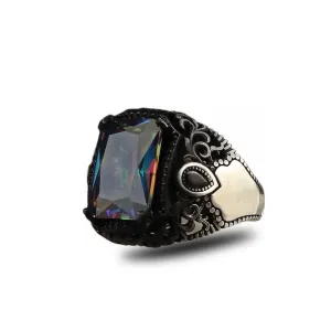 BayVog 925 Sterling Silver Mens Ring with Mystic Topaz Gem Stone, Handmade Men Silver Ring, Mystic Topaz Gemstone Mens Ring, Turkish Silver Ring, Gift for Men