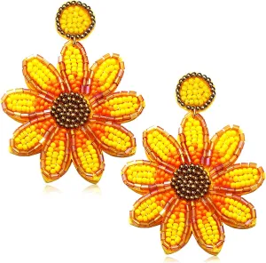 Beaded Flower Earrings Handmade Bead Sunflower Drop Dangle Earrings for Women Statement Bohemia Floral Earring Studs Birthday Party Gifts