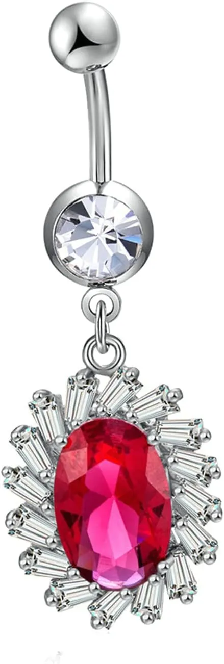 Belly Ring Surgical, Flower Dangle Navel Rings Surgical Steel Red Cubic Zirconia Belly Button Rings Elegant