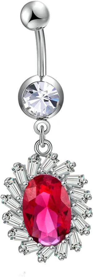 Belly Ring Surgical, Flower Dangle Navel Rings Surgical Steel Red Cubic Zirconia Belly Button Rings Elegant