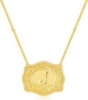 Belt Buckle Necklace With Initial For Women, 18k Gold Plated Mini Embossed Letter Pendant Western Charm Gift Jewelry
