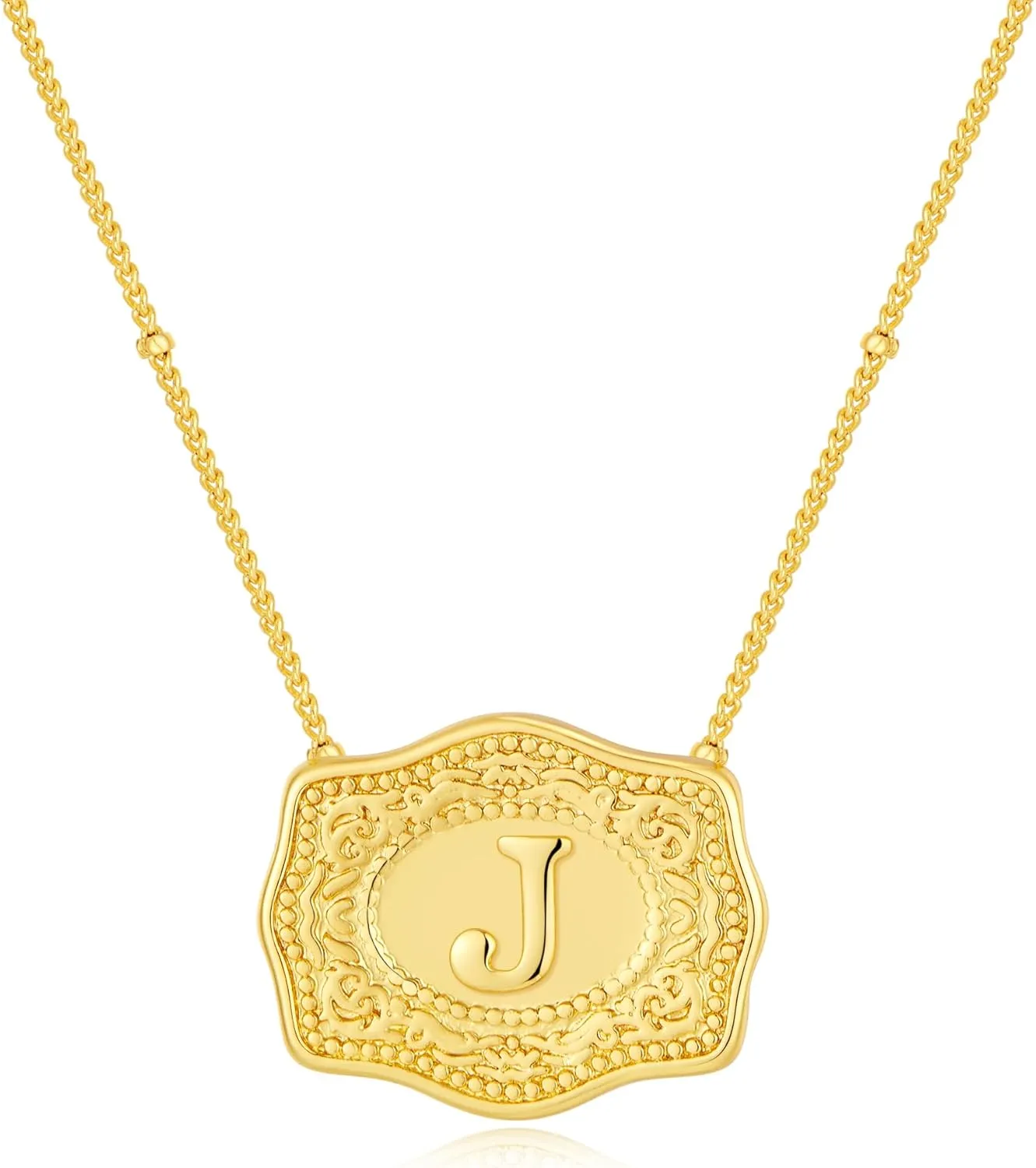 Belt Buckle Necklace With Initial For Women, 18k Gold Plated Mini Embossed Letter Pendant Western Charm Gift Jewelry