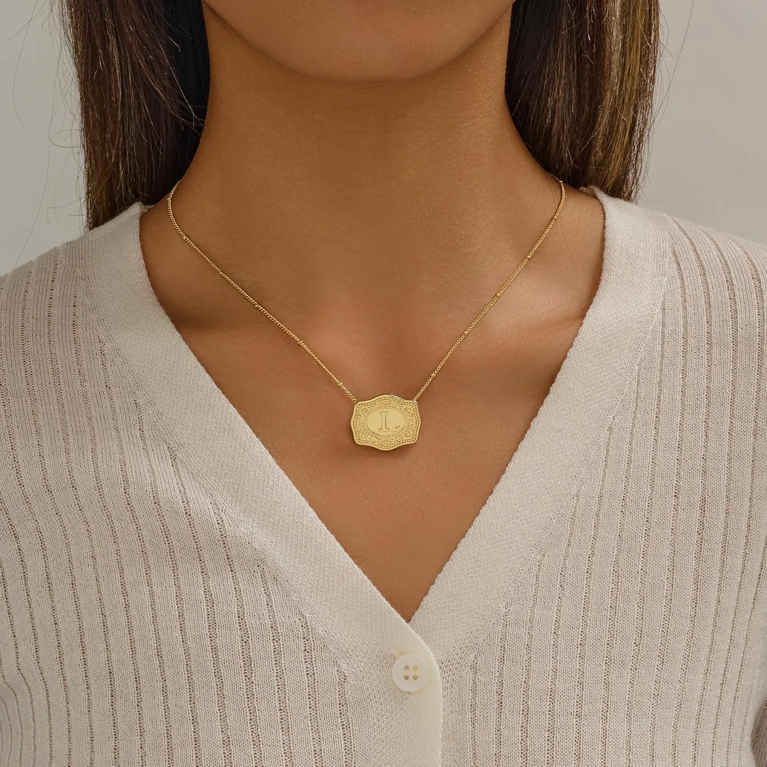 Belt Buckle Necklace With Initial For Women, 18k Gold Plated Mini Embossed Letter Pendant Western Charm Gift Jewelry