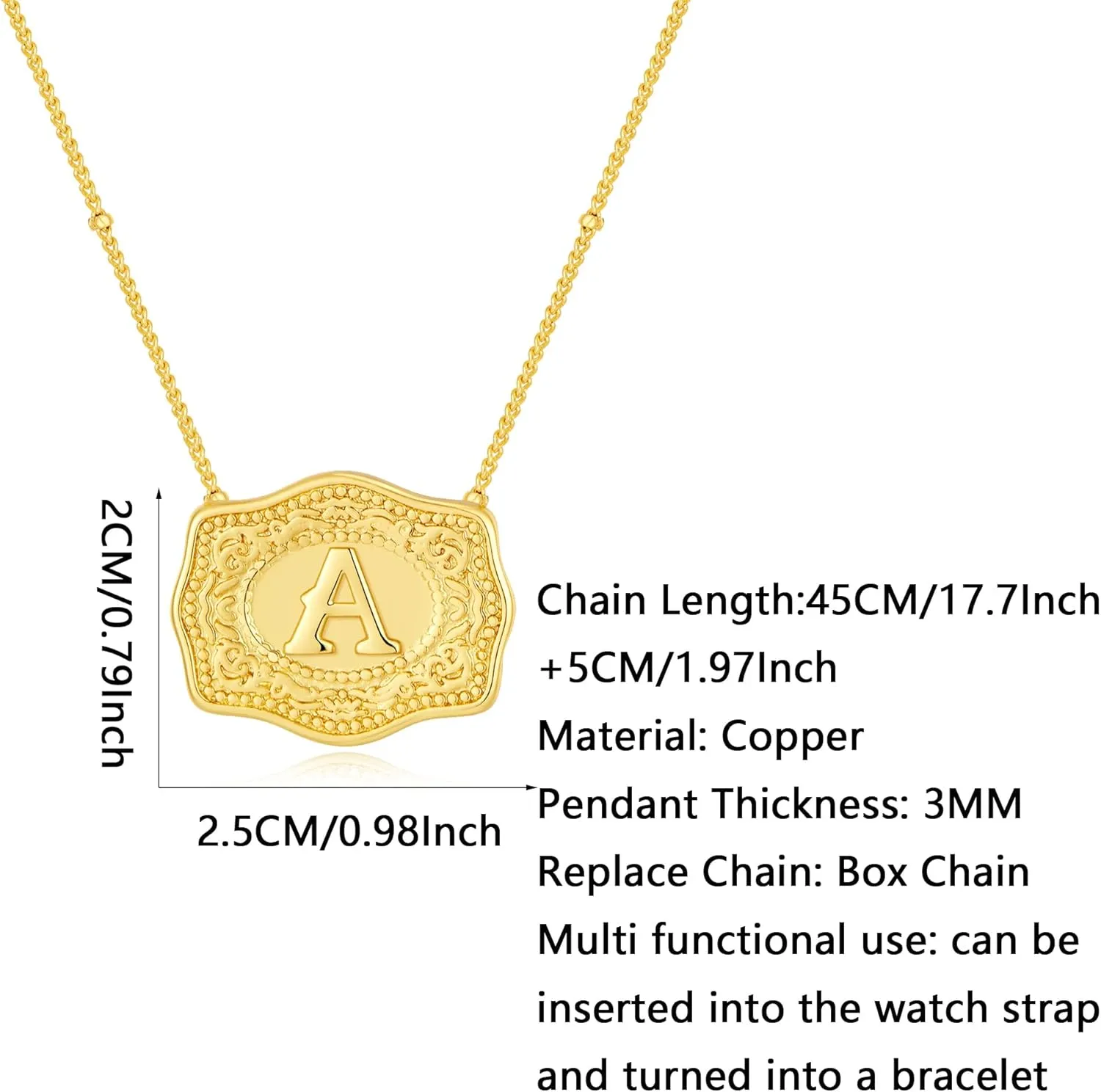 Belt Buckle Necklace With Initial For Women, 18k Gold Plated Mini Embossed Letter Pendant Western Charm Gift Jewelry