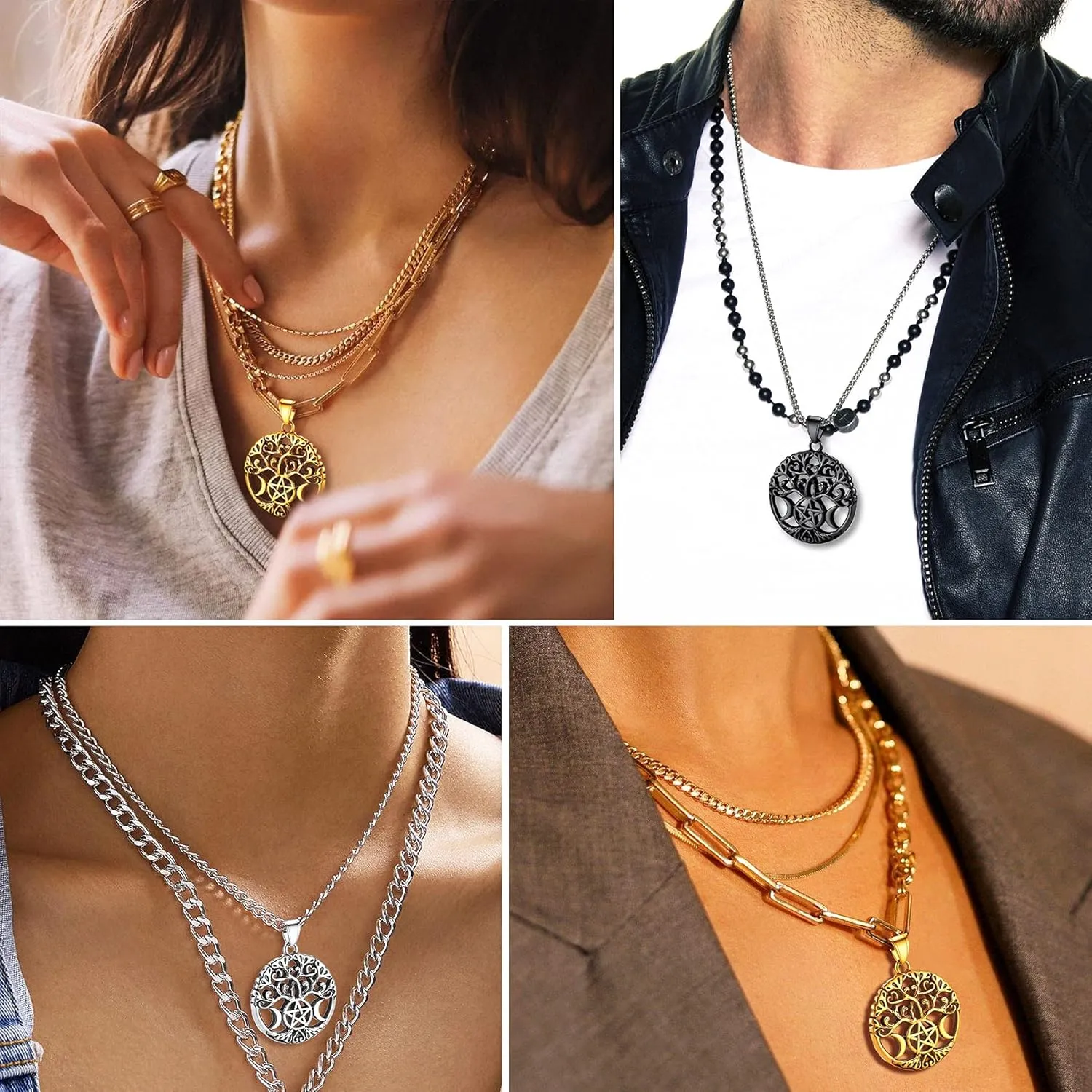 Bestyle Triple Moon Goddness Necklace-Celtic Knot/Tree of Life/Pentacle Pendants, Faithful Religious Wiccan Protection Anmulet Jewelry for Women Girls, Customizable