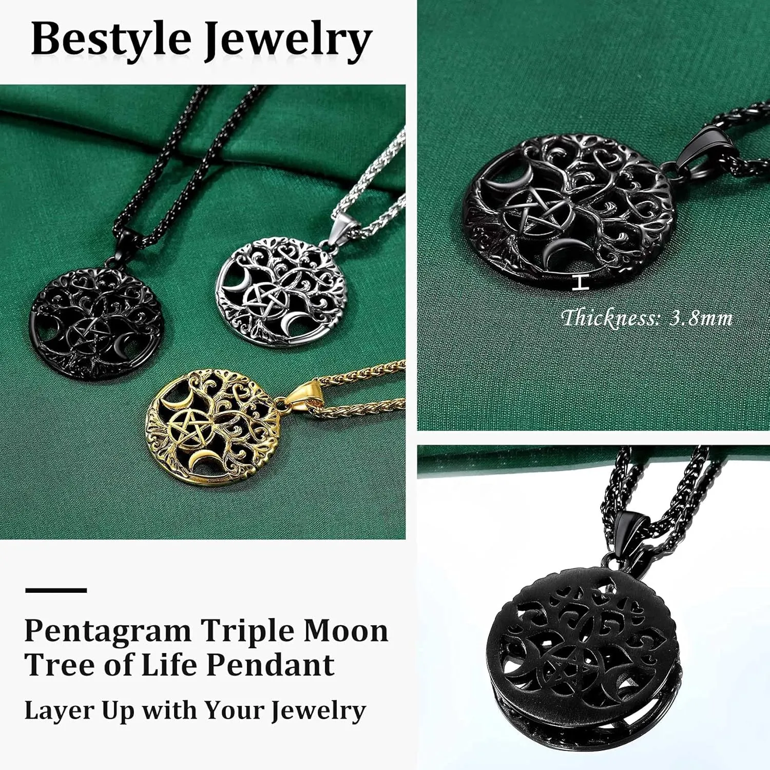 Bestyle Triple Moon Goddness Necklace-Celtic Knot/Tree of Life/Pentacle Pendants, Faithful Religious Wiccan Protection Anmulet Jewelry for Women Girls, Customizable