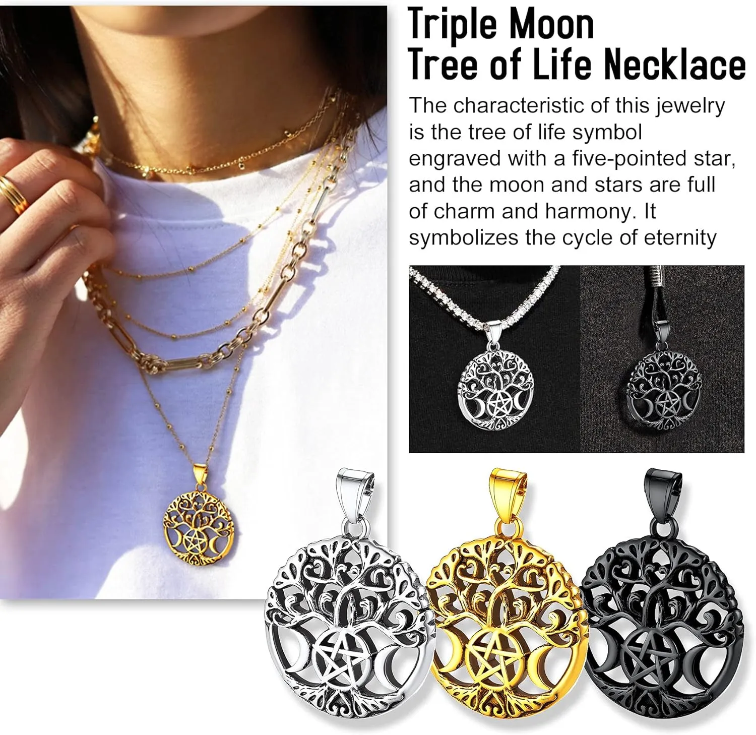 Bestyle Triple Moon Goddness Necklace-Celtic Knot/Tree of Life/Pentacle Pendants, Faithful Religious Wiccan Protection Anmulet Jewelry for Women Girls, Customizable
