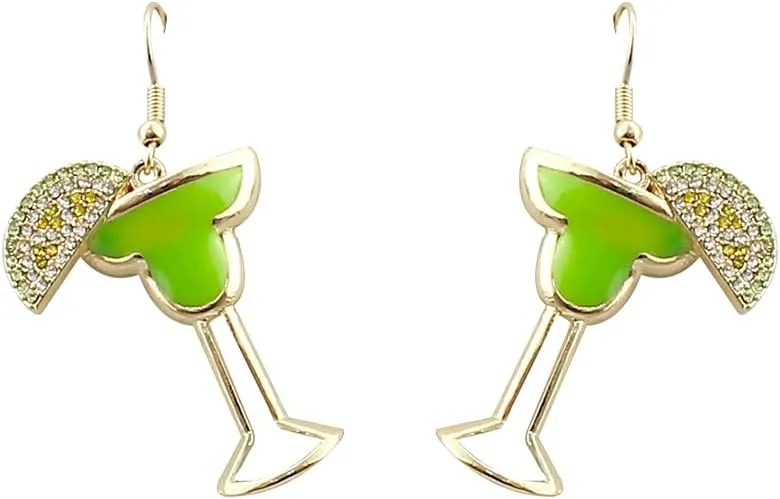 Beverage Drink Drop Dangle Earrings for Women  Martini, Margarita, Beer, Champagne, Wine Glass Bottle  Happy Hour Fashion  Cute - Fun  Beautiful Genuine Crystals  Gold Plated  with Gift Box Included