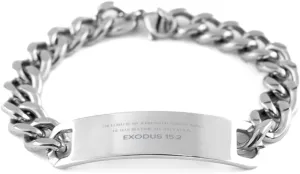 Bible Verse Exodus 15:2 Christian Cuban Chain Bracelet Personalized Gifts Message Prayer Exodus 15:2 Religious Bracelets for Women Men Exodus 15:2 Bible Verse Faith Adjustable Engraved Bracelet The