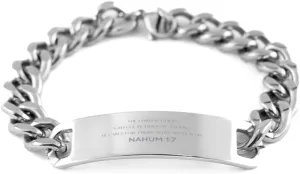 Bible Verse Nahum 1:7 Christian Cuban Chain Bracelet Personalized Gifts Message Prayer Nahum 1:7 Religious Bracelets for Women Men Nahum 1:7 Bible Verse Faith Adjustable Engraved Bracelet The Lord is