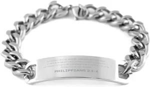 Bible Verse Philippians 2:3-4 Christian Cuban Chain Bracelet Personalized Gifts Message Prayer Philippians 2:3-4 Religious Bracelets for Women Men Philippians 2:3-4 Bible Verse Faith Adjustable