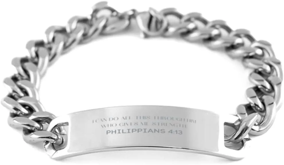 Bible Verse Philippians 4:13 Christian Cuban Chain Bracelet Personalized Gifts Message Prayer Philippians 4:13 Religious Bracelets for Women Men Philippians 4:13 Bible Verse Faith Adjustable Engraved