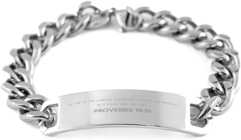 Bible Verse Proverbs 18:10 Christian Cuban Chain Bracelet Personalized Gifts Message Prayer Proverbs 18:10 Religious Bracelets for Women Men Proverbs 18:10 Bible Verse Faith Adjustable Engraved