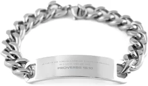 Bible Verse Proverbs 18:10 Christian Cuban Chain Bracelet Personalized Gifts Message Prayer Proverbs 18:10 Religious Bracelets for Women Men Proverbs 18:10 Bible Verse Faith Adjustable Engraved