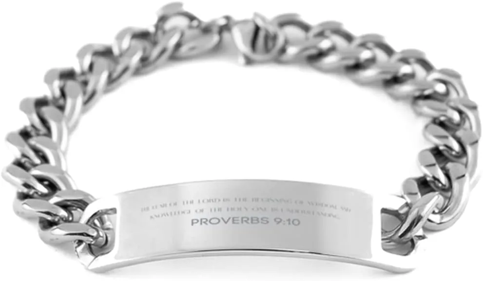 Bible Verse Proverbs 9:10 Christian Cuban Chain Bracelet Personalized Gifts Message Prayer Proverbs 9:10 Religious Bracelets for Women Men Proverbs 9:10 Bible Verse Faith Adjustable Engraved Bracelet