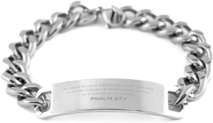 Bible Verse Psalm 27:1 Christian Cuban Chain Bracelet Personalized Gifts Message Prayer Psalm 27:1 Religious Bracelets for Women Men Psalm 27:1 Bible Verse Faith Adjustable Engraved Bracelet The Lord