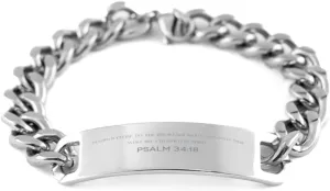 Bible Verse Psalm 34:18 Christian Cuban Chain Bracelet Personalized Gifts Message Prayer Psalm 34:18 Religious Bracelets for Women Men Psalm 34:18 Bible Verse Faith Adjustable Engraved Bracelet The