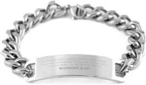 Bible Verse Romans 8:28 Christian Cuban Chain Bracelet Personalized Gifts Message Prayer Romans 8:28 Religious Bracelets for Women Men Romans 8:28 Bible Verse Faith Adjustable Engraved Bracelet A