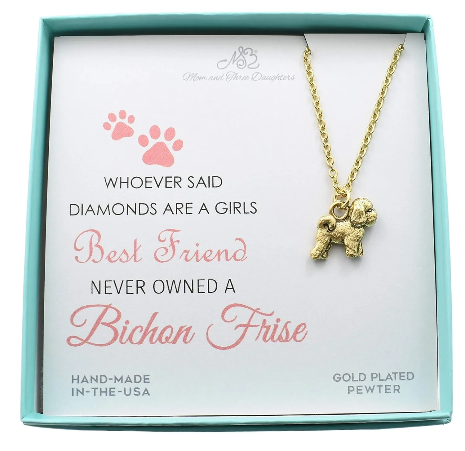 Bichon Frise Charm Necklace Pendant, 24K Gold Plated Pewter, 18 Inch Stainless Steel Chain, Bichon Frise Pendant, Gifts for Bichon Frise Lovers, Gift for Girls, Pet Owner Gifts