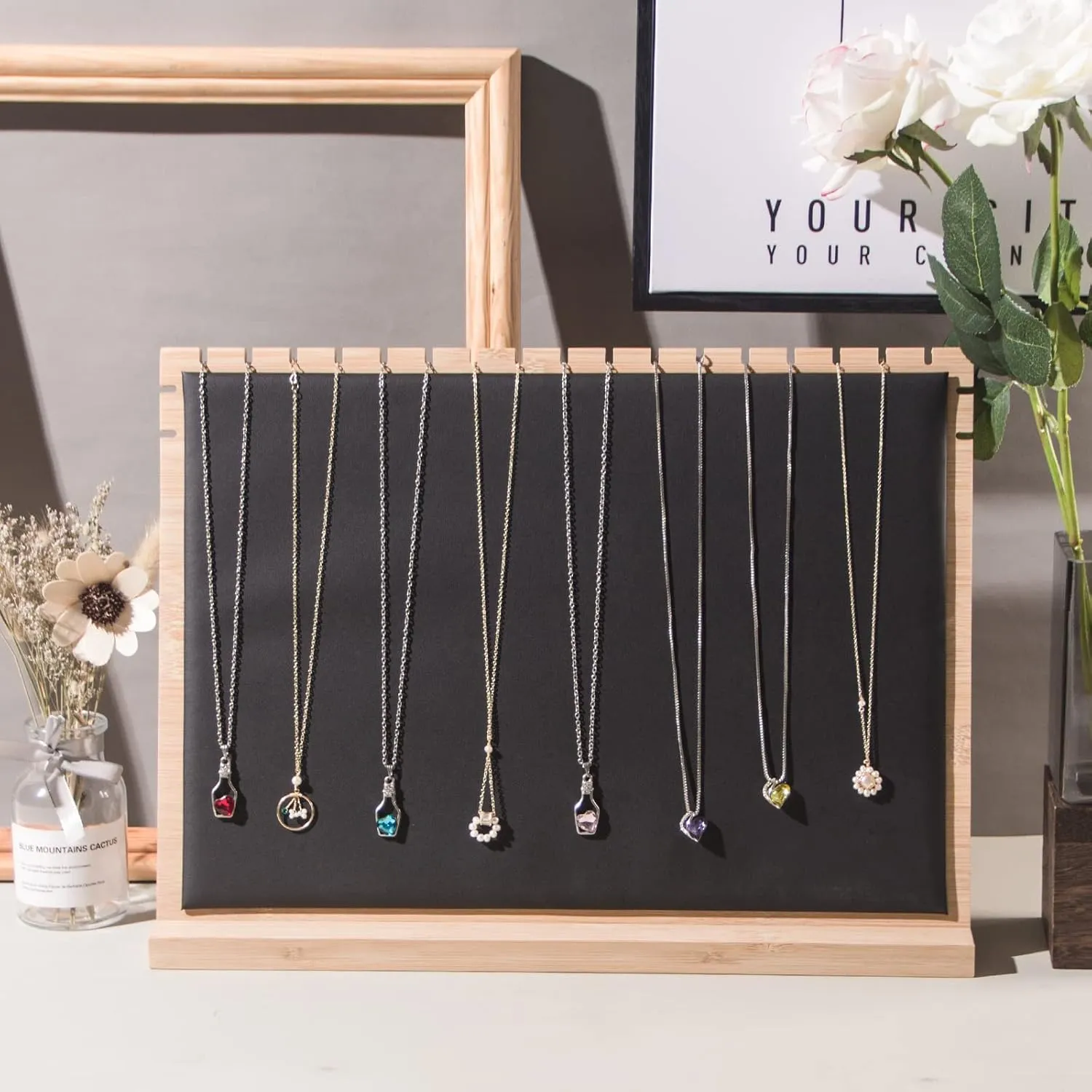 Big Bamboo Necklace Display Stand, Pendant Necklace Jewelry Holder Rack, Chain Jewellery Organizer for Home or Selling Show (Black PU)