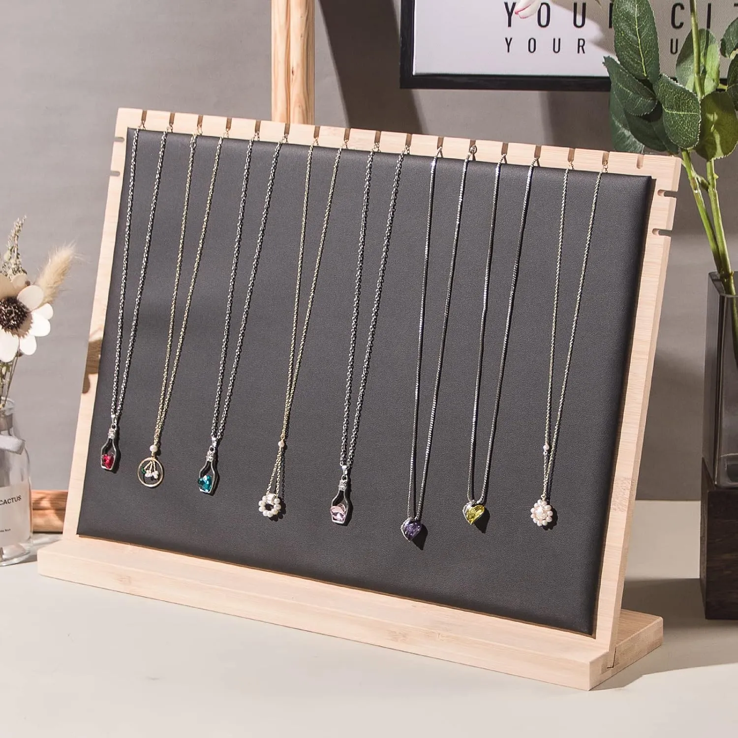 Big Bamboo Necklace Display Stand, Pendant Necklace Jewelry Holder Rack, Chain Jewellery Organizer for Home or Selling Show (Black PU)