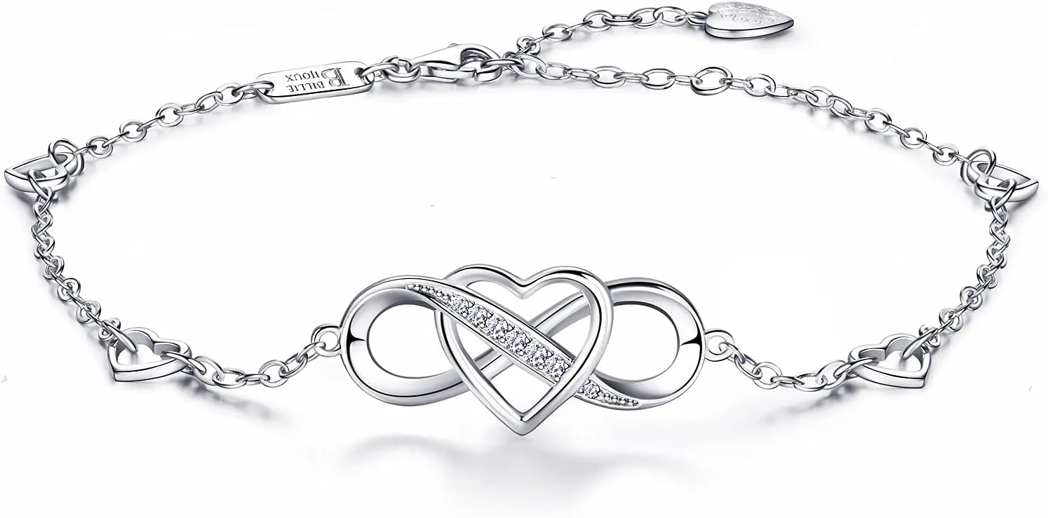 Billie Bijoux 925 Sterling Silver Anklet Bracelets for Women Infinity Heart Ankle Bracelet White Gold Plated Love Charm Adjustable Large Bracelet Gifts for Women Wife