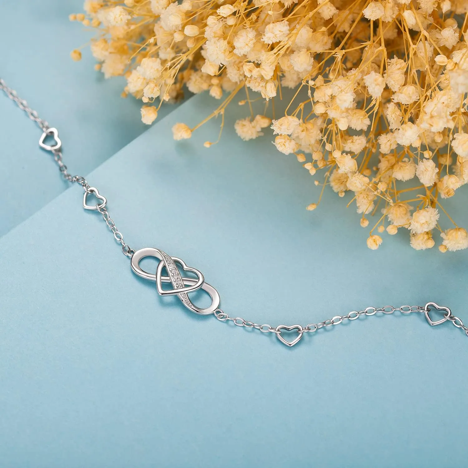 Billie Bijoux 925 Sterling Silver Anklet Bracelets for Women Infinity Heart Ankle Bracelet White Gold Plated Love Charm Adjustable Large Bracelet Gifts for Women Wife