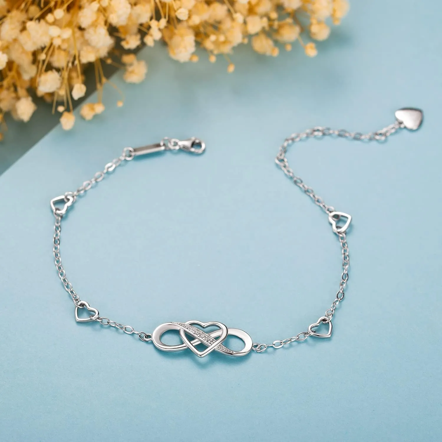 Billie Bijoux 925 Sterling Silver Anklet Bracelets for Women Infinity Heart Ankle Bracelet White Gold Plated Love Charm Adjustable Large Bracelet Gifts for Women Wife