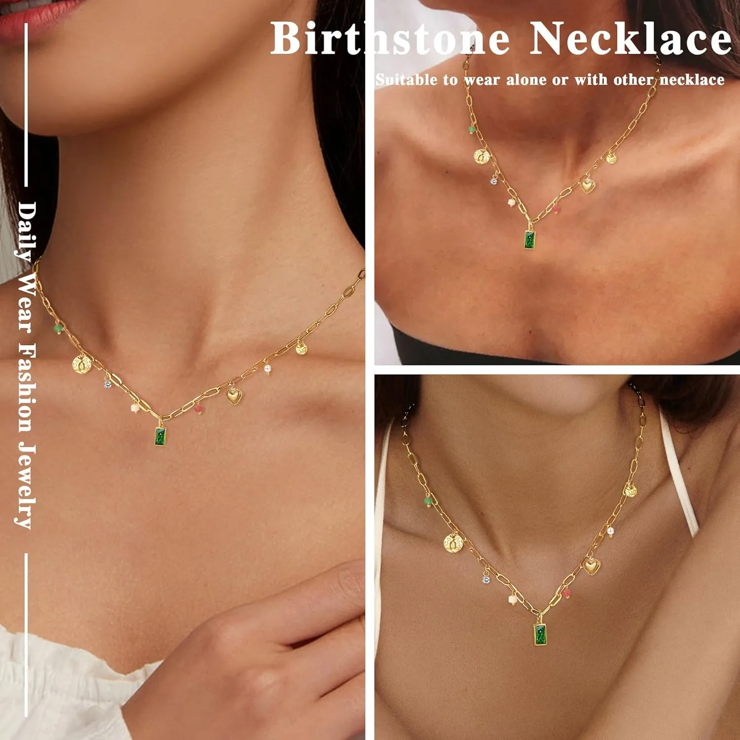 Birthstone Necklace for Women,Birthstone Charm Necklace Green Emerald Pendant Charm Gold Necklaces Birth Stone Jewelry Birthday Gifts for Women