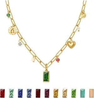 Birthstone Necklace for Women,Birthstone Charm Necklace Green Emerald Pendant Charm Gold Necklaces Birth Stone Jewelry Birthday Gifts for Women