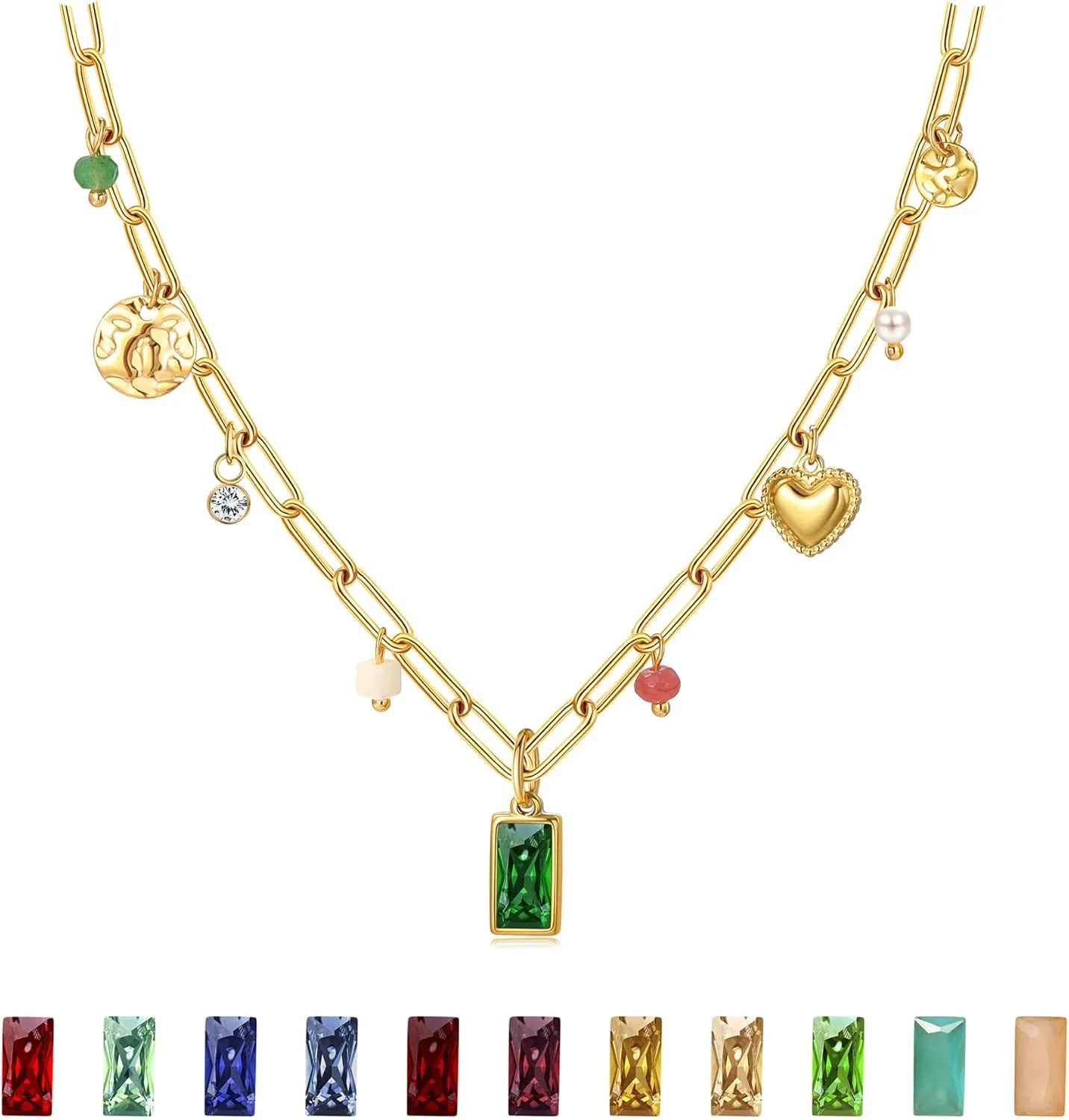 Birthstone Necklace for Women,Birthstone Charm Necklace Green Emerald Pendant Charm Gold Necklaces Birth Stone Jewelry Birthday Gifts for Women