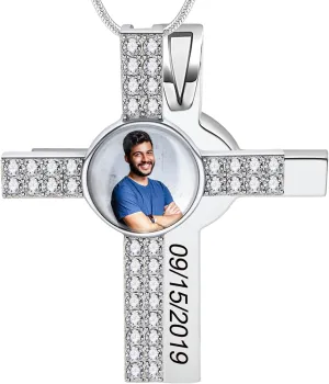 Bivei Personalized Photo Cross Necklace, Customized Stainless Steel Jesus Faith Cross Pendant Necklaces for Men & Women