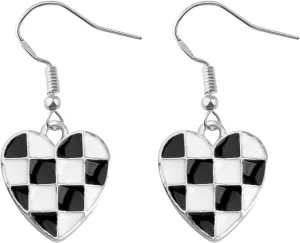Black & White Heart Shape Checker Earrings Fun Chess Board Jewelry Funny Gift For Chess Player