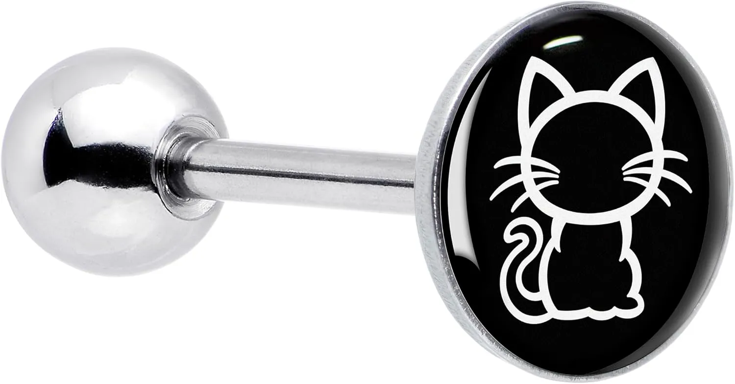 Black and White Kitty Cat Barbell Tongue Ring