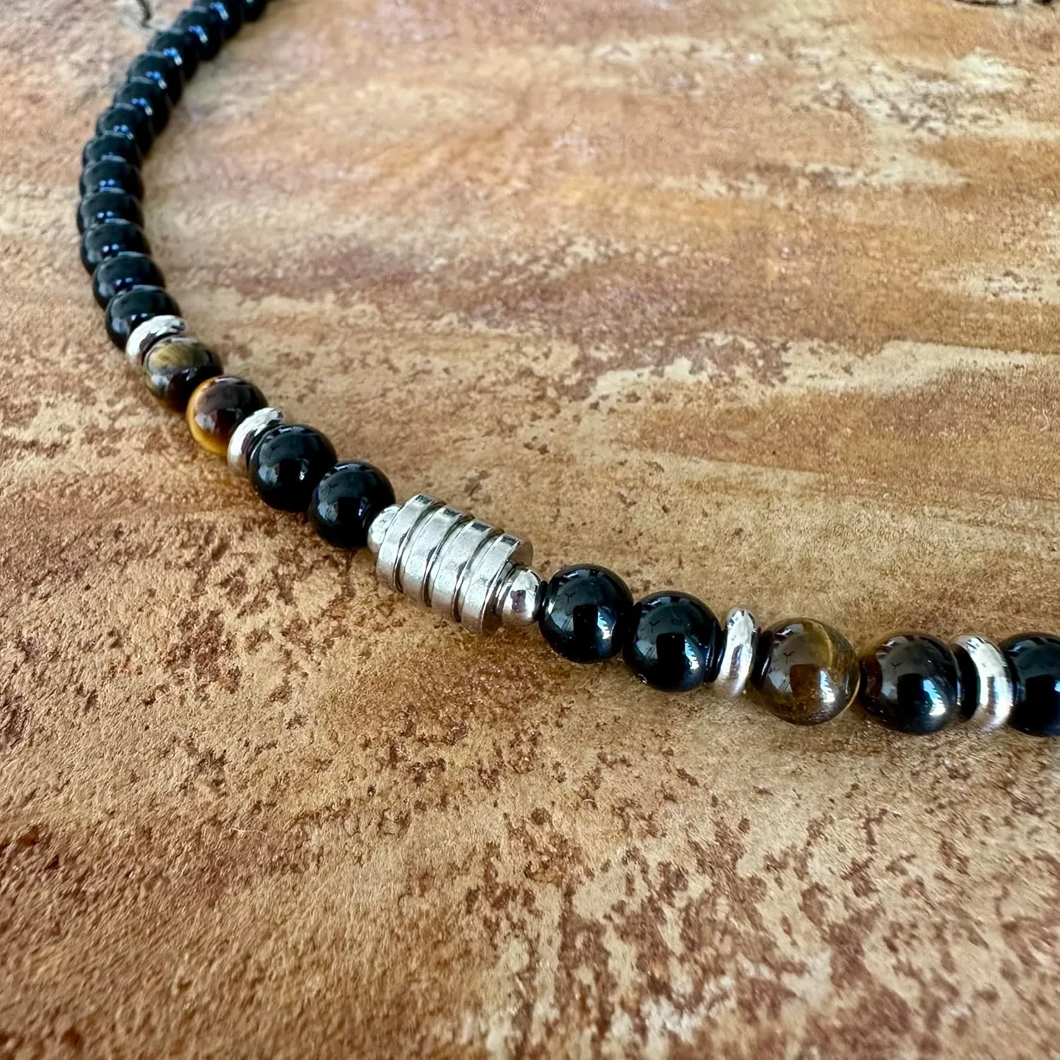 Black Bead Choker and Necklace for men, Tiger eye stone beads. Natural Stone Bead Necklaces for Men, Teenagers, Men necklace BALOOLA HANDCRAFTED jewelry. (Beads and stainless steel charms)